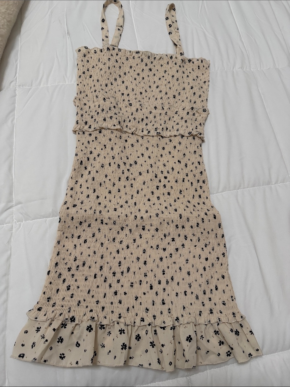 Beige Floral Smocked Mini Dress with Ruffle Hem